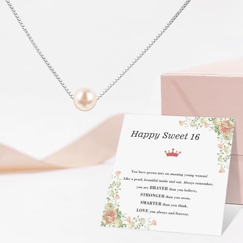 Sweet 16th Birthday Gifts for Girl, Sterling Pink Pearl Necklace for 16 Year Old Girl, 16th Party Decorations Teen Present Trendy 2025, Jewelry Gifts for 16th Birthday Friends Classmates Daughter4