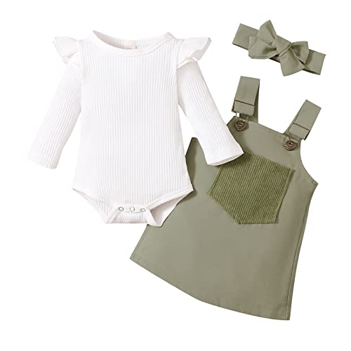 Xfglck Newborn Infant Baby Girls Fall Outfit Ruffle Sleeve Romper+ Pocket Suspender Skirt + Headband Overalls Dress Clothes Set(Green,12-18 Months) #TOP12