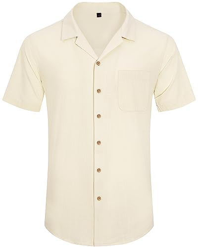 Image of Alimens & Gentle Mens Linen Shirts Cotton Hawaiian Shirts Short Sleeve Button Down Shirts Casual Summer Beach Tops