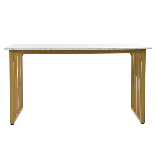 Table à manger cuisine rectangulaire 140cm blanche dorée avec pieds