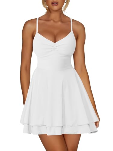 Kaximil Women's Sexy Spaghetti Strap Ruffle Mini Dress Ruched Corset Party Club A Line Short Dresses, Medium, White