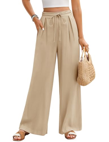 Niwicee Pantalones Mujer Verano de Lino de Algodón Casuales Pantalón de Cintura Alta y Pernera Ancha Elástico Pantalones Rectos con Cordón Verano Bolsillos Elegant (Caqui, XXL)