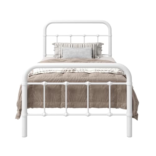 Image of Allewie Twin Size Metal Platform Bed Frame with Victorian Style Wrought Iron-Art Headboard /Footboard, No Box Spring Required, White