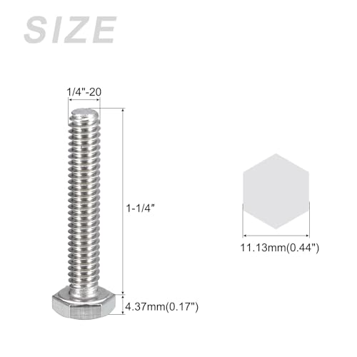 Image of METALLIXITY Hex Head Bolts (1 /4-20 x 1-1 /4 inch) 20Pcs, 304 Stainless Steel 18-8, Fully Threaded, External Hex Drive, Plain Finish, Hex Head Screw Bolt, Silver