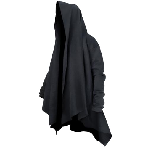 Mens Streetwear Long Hooded Cardigan with Ruffle Shawl Collar, Open Front, Lightweight Drape Cape and Belt,Samurai Cosplay