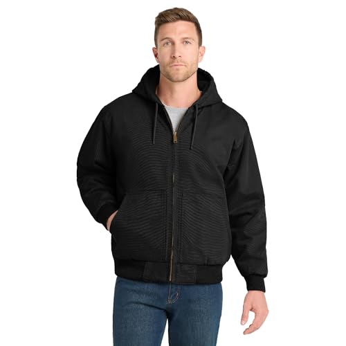 CornerStone Unisex Washed Duck Cloth Insulated Hooded Work Jacket | Warm Casual Work Hoodie for Men & Women, Adjustable Hood, Black, XX-Large