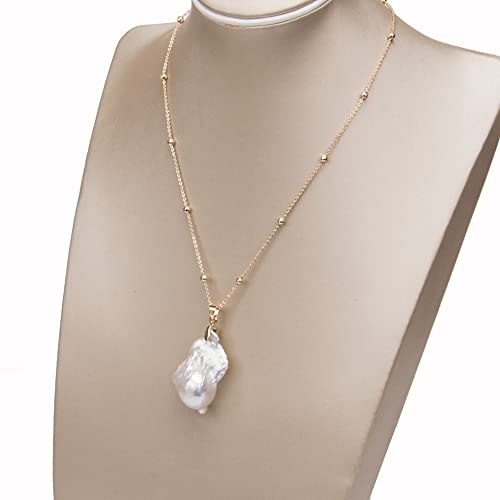 Kasoo 14K Gold Necklace With Pearl, Pearl Pendant Link Chain For Women Jewelry, 15.7 Inch Necklace Birthday Gift (White) #TOP1