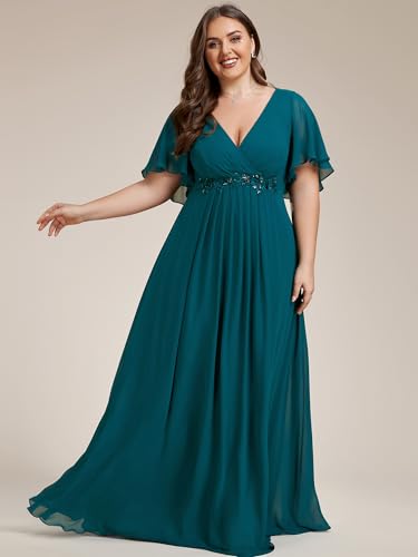 Image of Ever-Pretty Short Sleeves V Neck Plus Size Formal Dresses for Curvy Women Chiffon Mother of The Bride Dress Evening Gowns