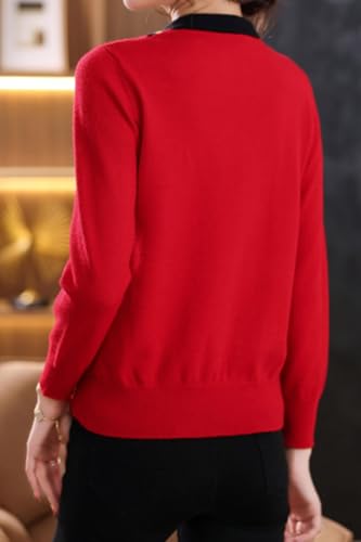 Image of LAI MENG FIVE CATS Women's Fall Tie Neck Sweater Shirt Long Sleeve Patchwork Knit Retro Pullover Tops