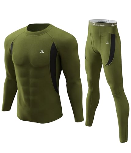 Image of Mens Thermal Underwear Long Johns Set Cold Weather Hunting Base Layer | Fleece lined top & bottom. Moisture wicking, 4-way stretch. Ultimate warm winter gear for skiing, work & outdoor sports