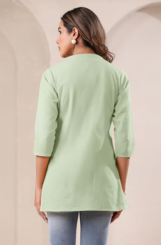 Image of Janasya Women's Light Blue Linen Cotton Solid A-line Top