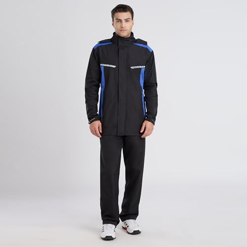 Image of ZEEL Raincoat with Adjustable Hood, Polyester Waterproof Full Sleeves, Backpack Friendly Pleate, Top and Bottom Set Rainwear, Front Zip with Snap Button Flap (EJS502, Black-Wave, XXL)