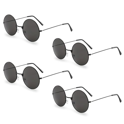 TUONYIS 4 Piezas Gafas de Sol para Hombre Mujer, Protección UV, Round Sunglasses, Vintage Gafas de Sol Redondas, Retro Clasicas Metálico (Negro)