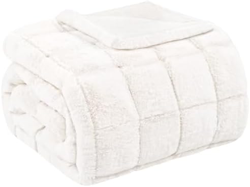 Touchat Faux Fur Throw Blanket, Luxury 1000GSM Ultra Thick Warm Rabbit Blanket for Couch Bed Sofa, 3D Checkered Pattern Lola Minky Comfort Blankets for Bedroom Living Room Women Gift, White