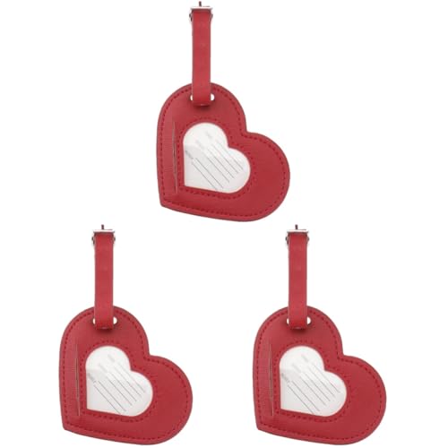 TENDYCOCO 3pcs Heart Shape Pu Leather Luggage Tags with Strap Connector, Eye-Catching Suitcase Tags for Travel, Red, 3.34 * 2.75 * 1.18inch