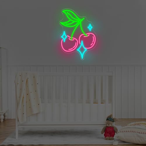 Image of Cherry Bling Neon Sign Aesthetic LED Wall Light for Bedroom Bar Sign, Cute Fruit LED Light, Retro Vintage Dormitory Room Decor, Gift for Her, 16.5 inchx12.4 inch