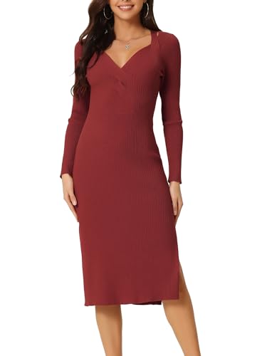 Seta T Women's Fall Winter Long Sleeve V Neck Ribbed Knit Side Slit Twist Front Midi Sweater Dress