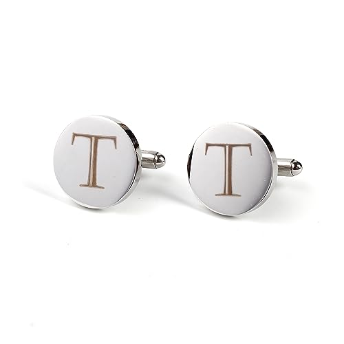 Image of Mens Initial Silver Cufflinks A-Z Alphabet Letter Steel Cuff Links with Engraved Walnut Wood Box Groom Groomsman Wedding Set