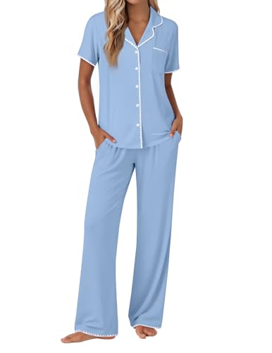 Image of Ekouaer Pajamas for Women Set Button Up Soft Pjs Short Sleeve 2 Piece Lounge Sets Comfy Sleepwear