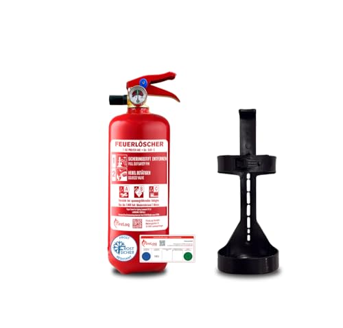 FireLoq 1kg Pulver Feuerlöscher für Brandklasse ABC mit 8A | 34B | C ergibt 2 LE Dauerdruck inkl. Prüfnachweis Kfz-Halter und Manometer