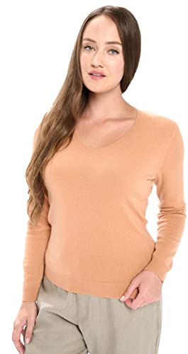 Mariyaab Women's 100% Cashmere Soft Long Sleeve V-Neck Sweater (1301, Sandstone, L)
