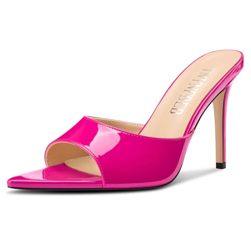 Image of TNYNFBEB Womens Stiletto High Peep Open Pointed Toe Sandals Mules Shoes Slip-on Slingback Office Party Dress Patent Leather Summer 3.9 Inches Heels