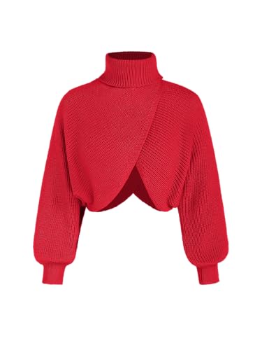 Image of CIDER Cropped Sweaters for Women Turtleneck Sweater Long Sleeve Ribbed Knit Lantern Sleeve Pullover Fall Outfits: Red, S