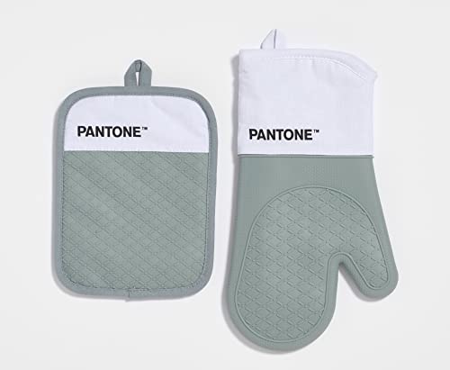 PANTONE - Set da Cucina Composto da Guanto da Forno + Presina, in Cotone con Grip Antiscivolo in Silicone - Utili Accessori Cucina Resistenti al Calore fino a 250°C, Bianco/Grigio