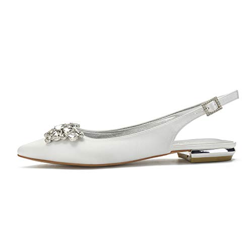 COMFASH Women's Slingback Flats Satin Pointed Toe Ballerina Walking Prom Evening Bridal Party Dress Flats Shoes, White2