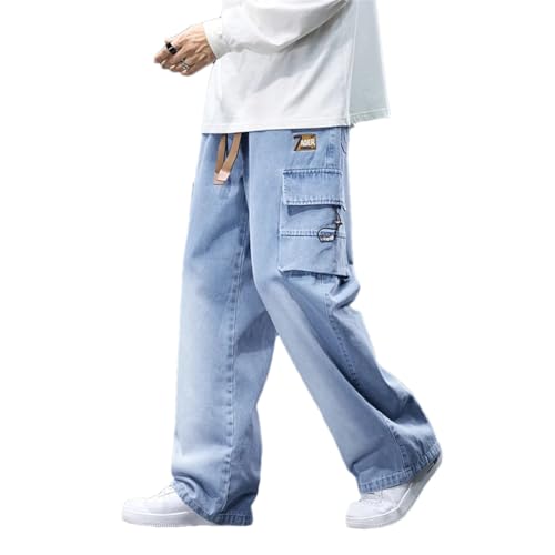 Men Trousers Neutral Solid Color Loose Pocket Cargo Pants Big Wide Leg Washing Jean Pants