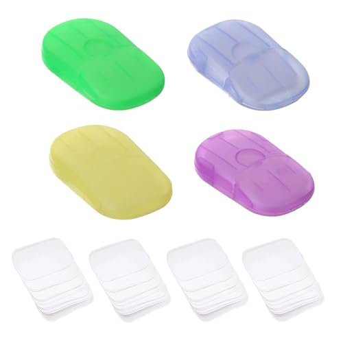 DHWEKU Hojas de Jabón,Papel de Jabón,4x Cajas(80 Hojas en Total) de Hojas de jabón,jabón Papel portátil,colores surtidos,Jabones en Papel Desechables Mini Jabón de Papel Portátil con Caja de Plástico