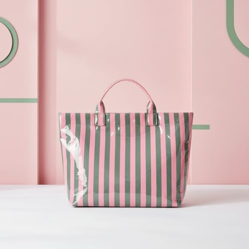 Image of Striped PVC Tote Bag for Women, Waterproof Plastic Hobo Handbag Summer Tote for Beach, Pool & Ideal Gift