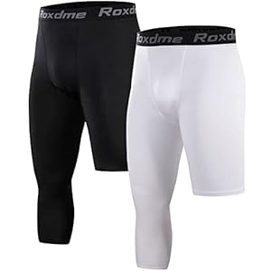 Roxdme Herren Capri-Kompressionshose, Schwarz+Weiß (Links Kurz), 2er-Pack