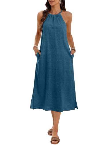Image of Women's 100% Linen Midi Dress Halter Neck 2026 Dress Sleeveless Flowy Beach Sun Dresses with Pockets