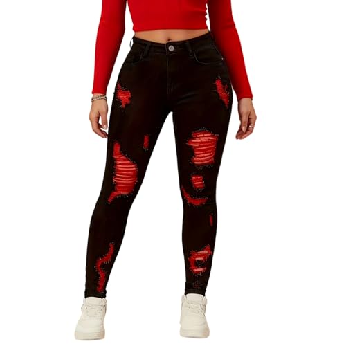 Arkordi Women's High Waisted Stretchy Skinny Jeans Plus Size Ripped Distressed Butt Lifting Jeans Ankle Jean (US, Alpha, 3X, Big, Regular, Black Red)