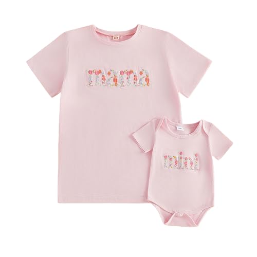 Winioder Mommy and Me Shirts Flower Letter Mama Short Sleeve
