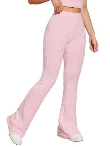WDIRARA Women's Elastic High Waist Pants Knit Textured Bell Bottom Leg Casual Trousers