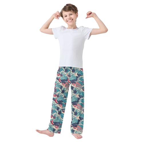 Fish Sea Wave Boys Long Pants Soft Trousers Elastic Waist Kids Lounge Bottoms with Pockets S-XL2