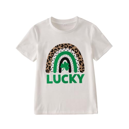 Image of MODNTOGA Kids Girl St Patricks Day Shirt Leopard Rainbow Graphic Tee Lucky Shamrock T-Shirt Green Clover Short Sleeve Tops