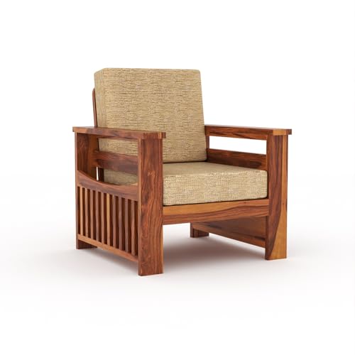 Image of Sheesham Wooden 1 Seater Sofa for Living Room | Rosewood 1 Seater Cushion Sofa Side Half Moon Rack | Solid Wood Sofa Set for Lounge (1 Seater,Honey)