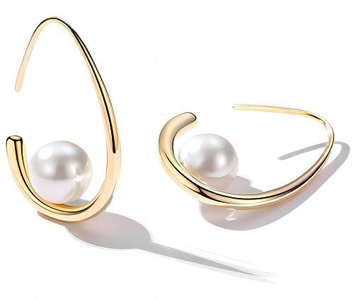 18K Plated Minimalist Pearl Hoop Earrings - Trendy Geometric Shaped Gold Pearl Earrings for Women, Fashion Jewelry