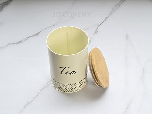 Image of JISCOVERY Airtight Tea & Sugar Container Set of 2| Metal Storage Canister with Wooden Lid for Kitchen| Storage Box for Kitchen Counter Top| 1300 ML| Ivory