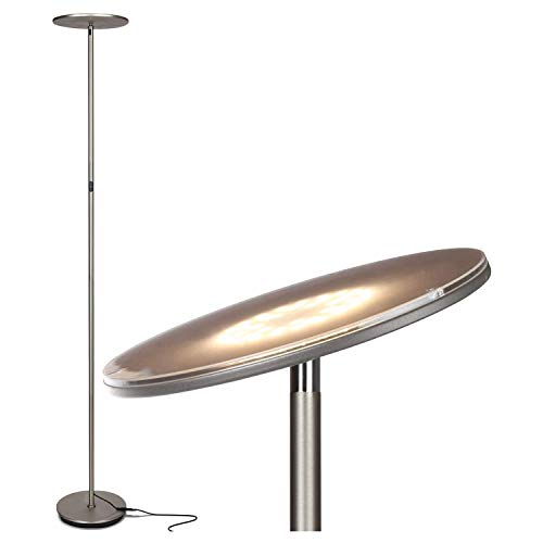 Brightech Sky LED Floor lamp, Torchiere Super Bright Floor Lamp for Living Room Decor & Office - Dimmable, Tall Standing Lamp with Warm Light for Bedroom & Reading - Brushed Nickel