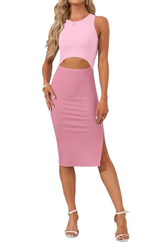 Image of AUSELILY Womens Summer Bodycon Dresses Crew Neck Cutout Midi Dress Casual Slit Sleeveless Ribbed Knit Pencil Dress
