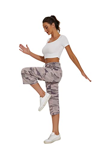 Specialmagic Women's Capri Pants Loose Yoga Cotton Capris Sweatpants 3 Pockets Wide Leg Drawstring Pajama Pants Camouflage Pink X-Large #TOP4