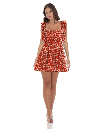 Image of Women's Summer Square Neck Tie Back Ruffle Sleeve Tiered Casual A-Line Short Mini Dress