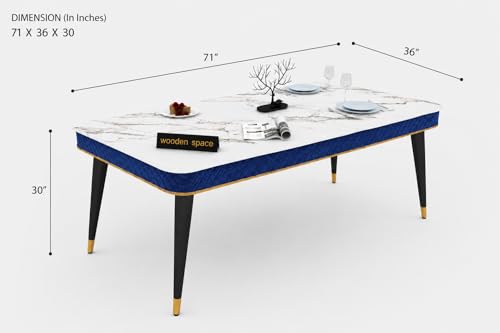 Image of WOODEN SPACE 6-Seater Wooden Dining Table Set | Nano Composite Marble Top | Solid Wood Base | Modern Dining Room Furniture with 6 Chairs (Navy Blue Modern Vento)