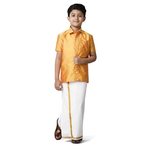 Image of RAMRAJ COTTON Boys Silk Cotton Shirt With Adjustable Cream Dhoti Perfect For Ceremonies| Festivals| And Special Occasions