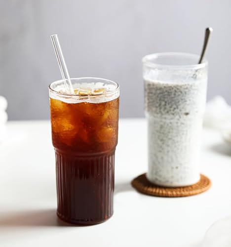 Image of Glass Tumblers with Glass Lids and Straws - 600ml, Set of 1, Stylish Vintage Ribbed Design for Iced Coffee, Juice, Smoothies, Milkshakes, Cold Beverages & Whiskey Cocktail Beer
