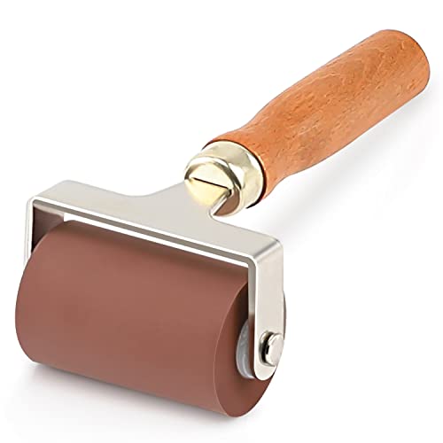 Image of Rubber Roller, Ideal for Anti Skid Tape Construction Tools, Print, Ink and Stamping Tools (2.5-Inch, Brown Roller /Wooden Handle)